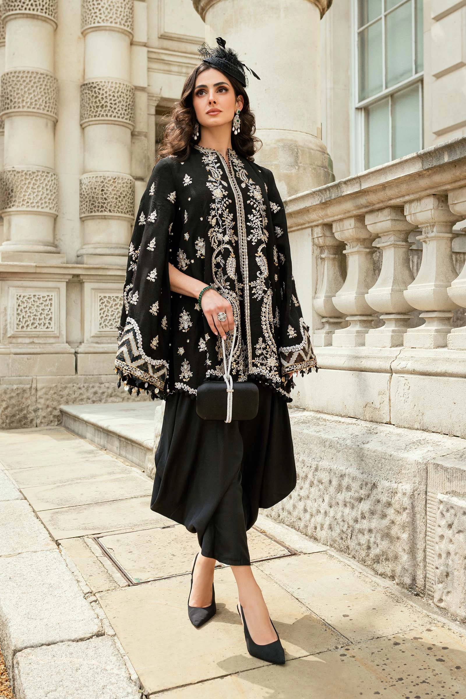 3 Piece Embroidered Raw Silk Suit  - WF-09-03-Black