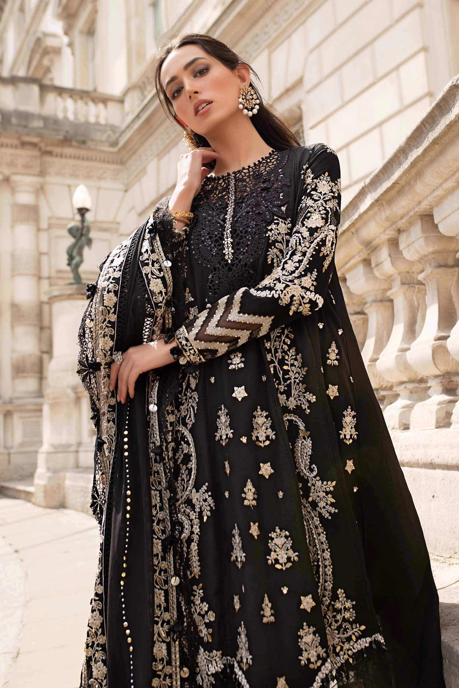 3 Piece Embroidered Raw Silk Suit  - WF-09-03-Black
