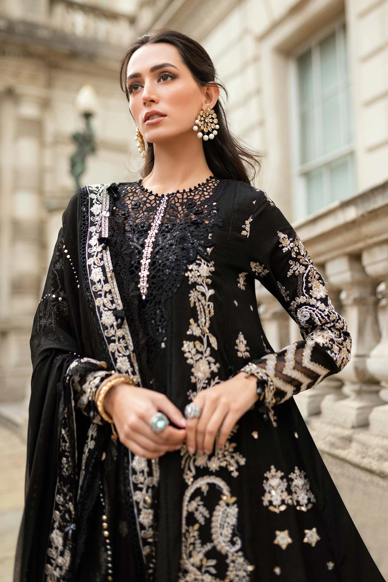 3 Piece Embroidered Raw Silk Suit  - WF-09-03-Black