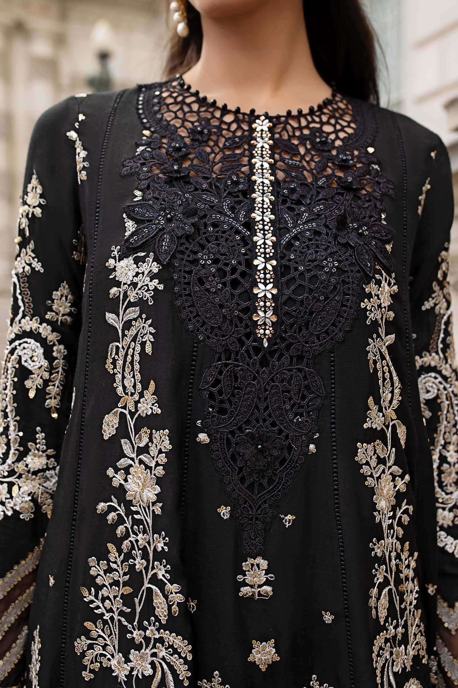 3 Piece Embroidered Raw Silk Suit  - WF-09-03-Black