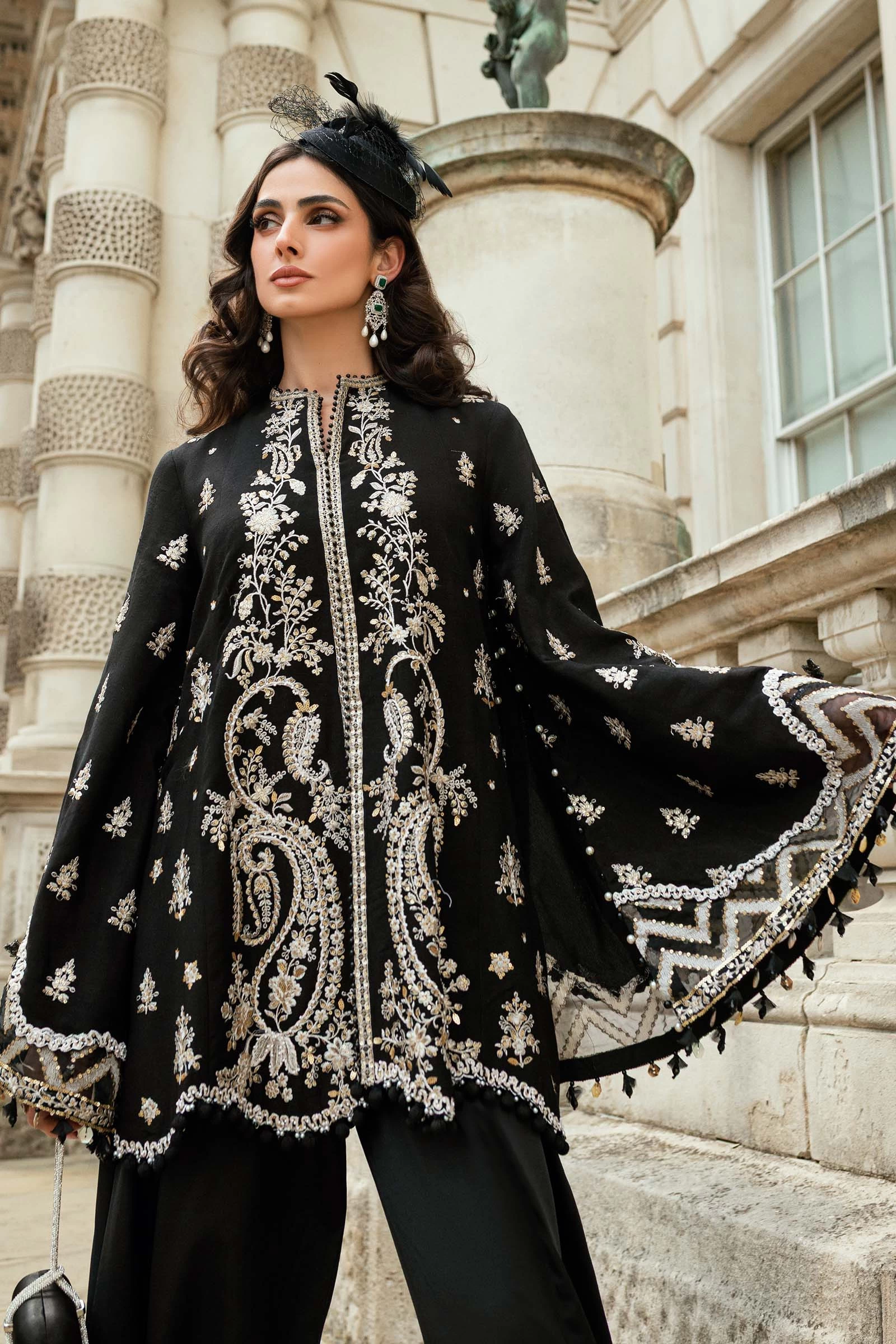 3 Piece Embroidered Raw Silk Suit  - WF-09-03-Black
