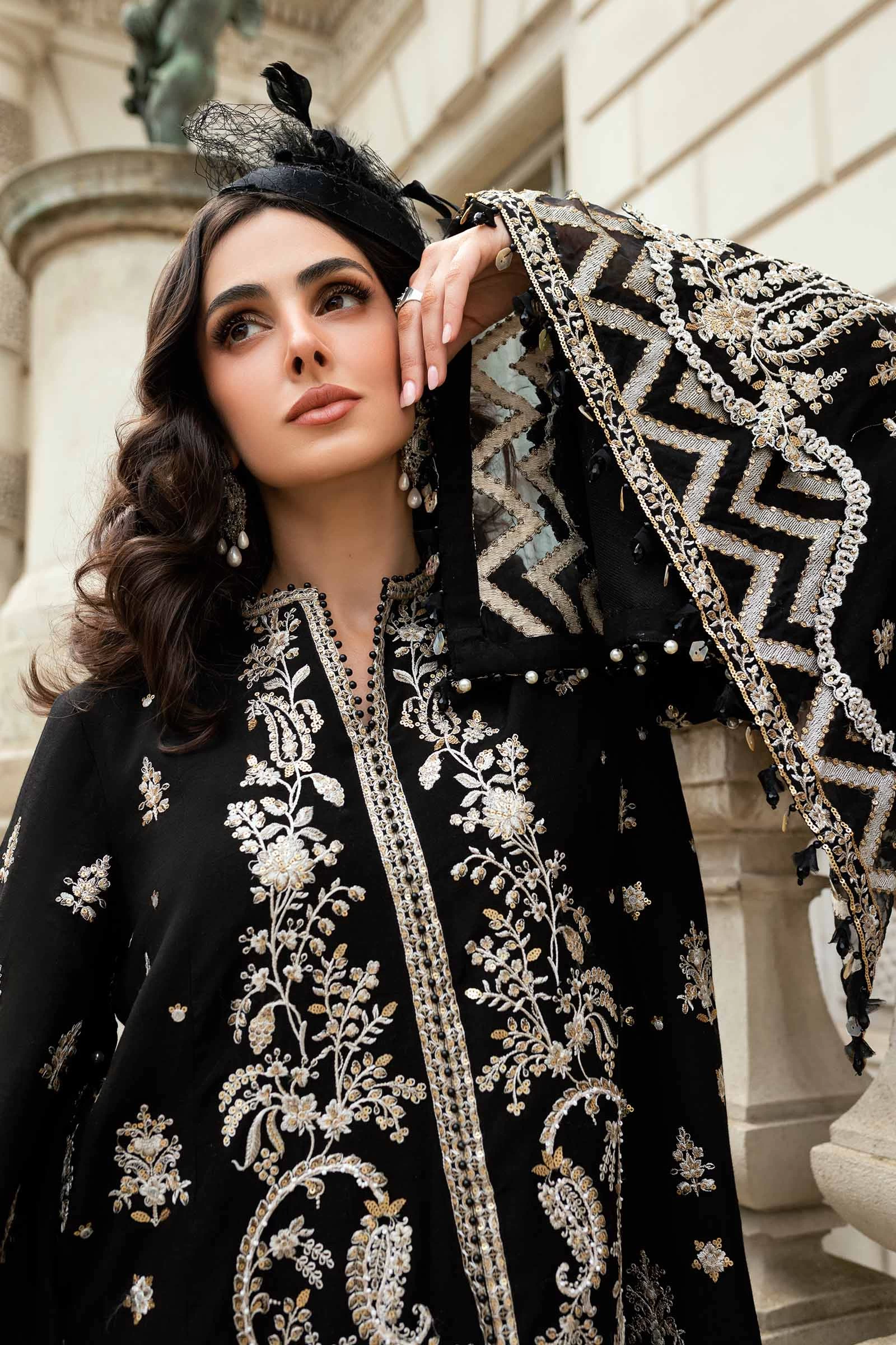 3 Piece Embroidered Raw Silk Suit  - WF-09-03-Black