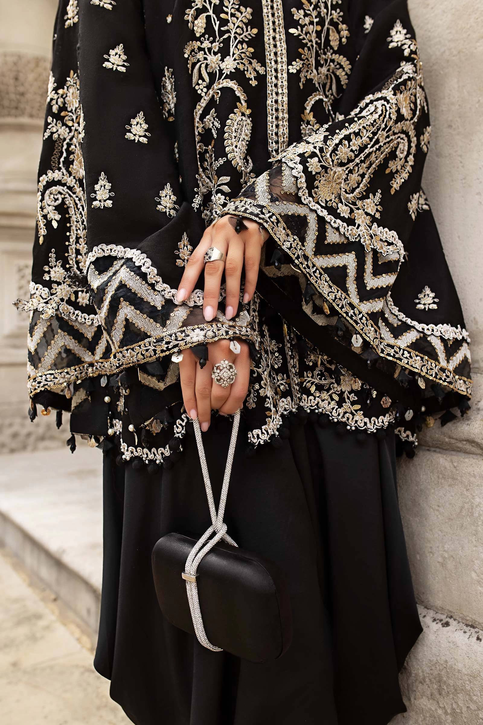 3 Piece Embroidered Raw Silk Suit  - WF-09-03-Black