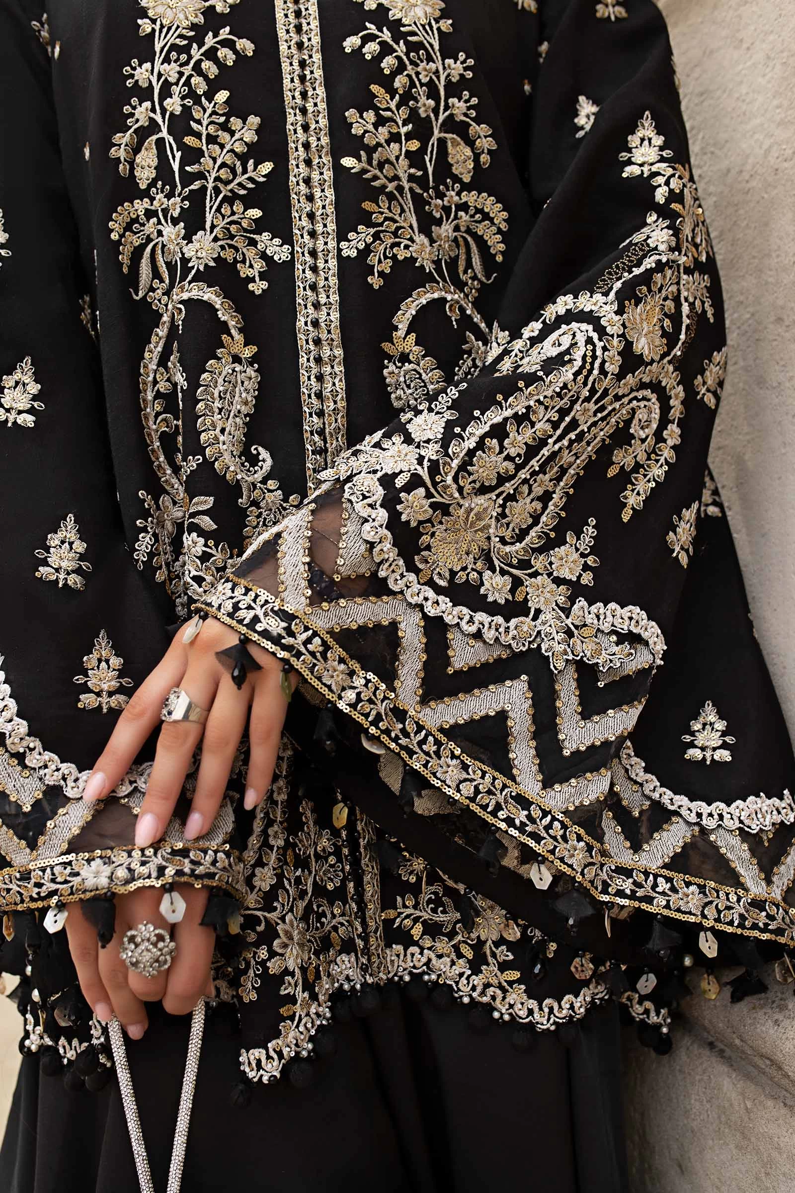 3 Piece Embroidered Raw Silk Suit  - WF-09-03-Black