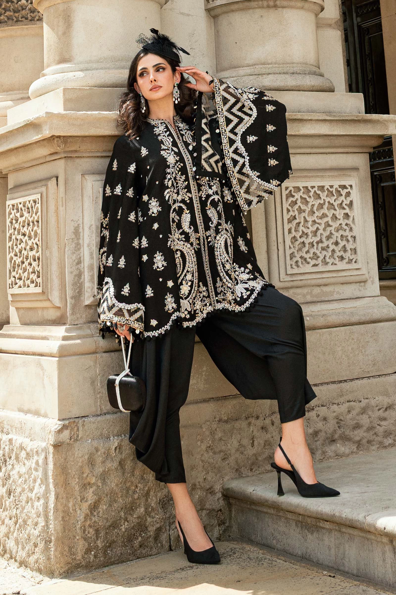3 Piece Embroidered Raw Silk Suit  - WF-09-03-Black