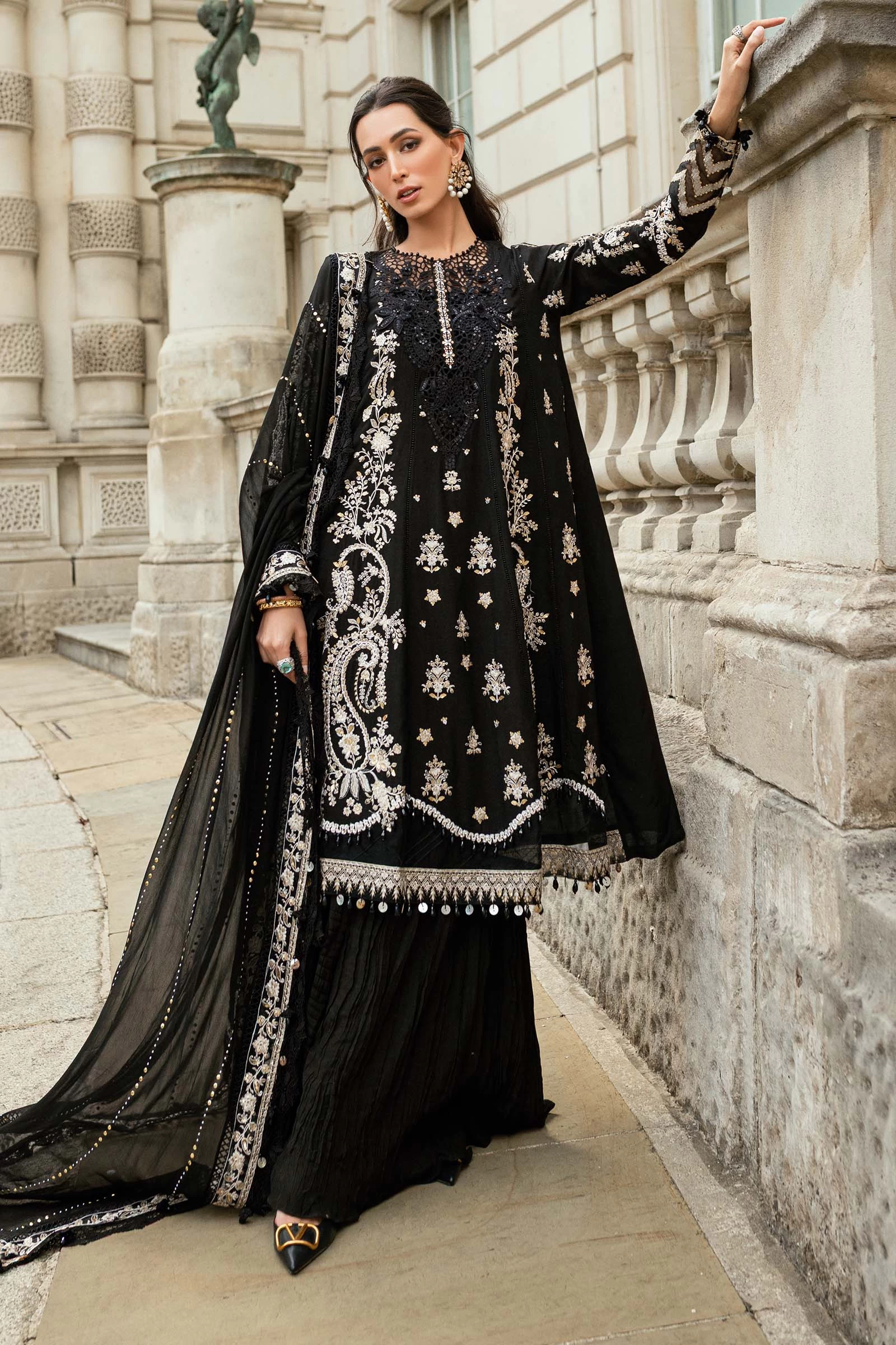 3 Piece Embroidered Raw Silk Suit  - WF-09-03-Black