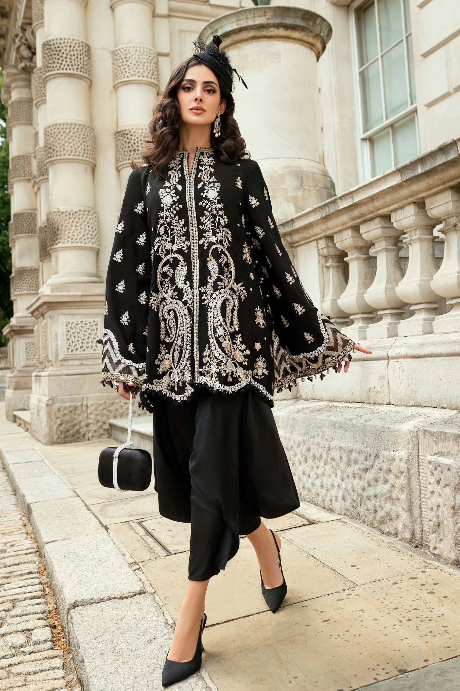 3 Piece Embroidered Raw Silk Suit  - WF-09-03-Black