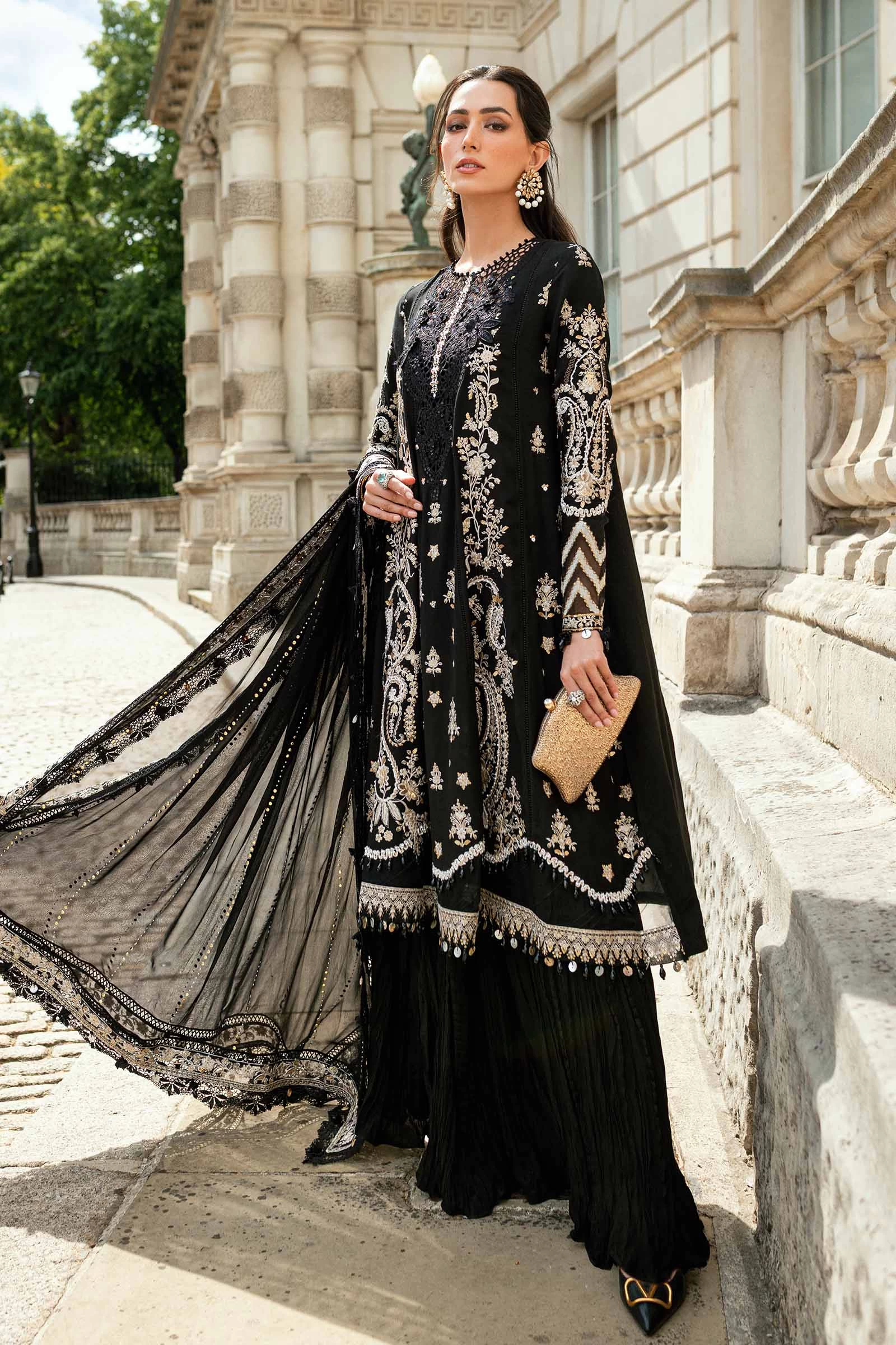 3 Piece Embroidered Raw Silk Suit  - WF-09-03-Black