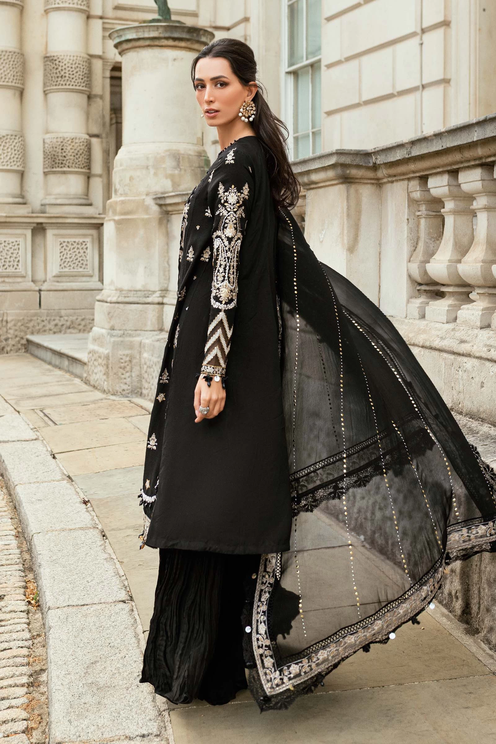 3 Piece Embroidered Raw Silk Suit  - WF-09-03-Black