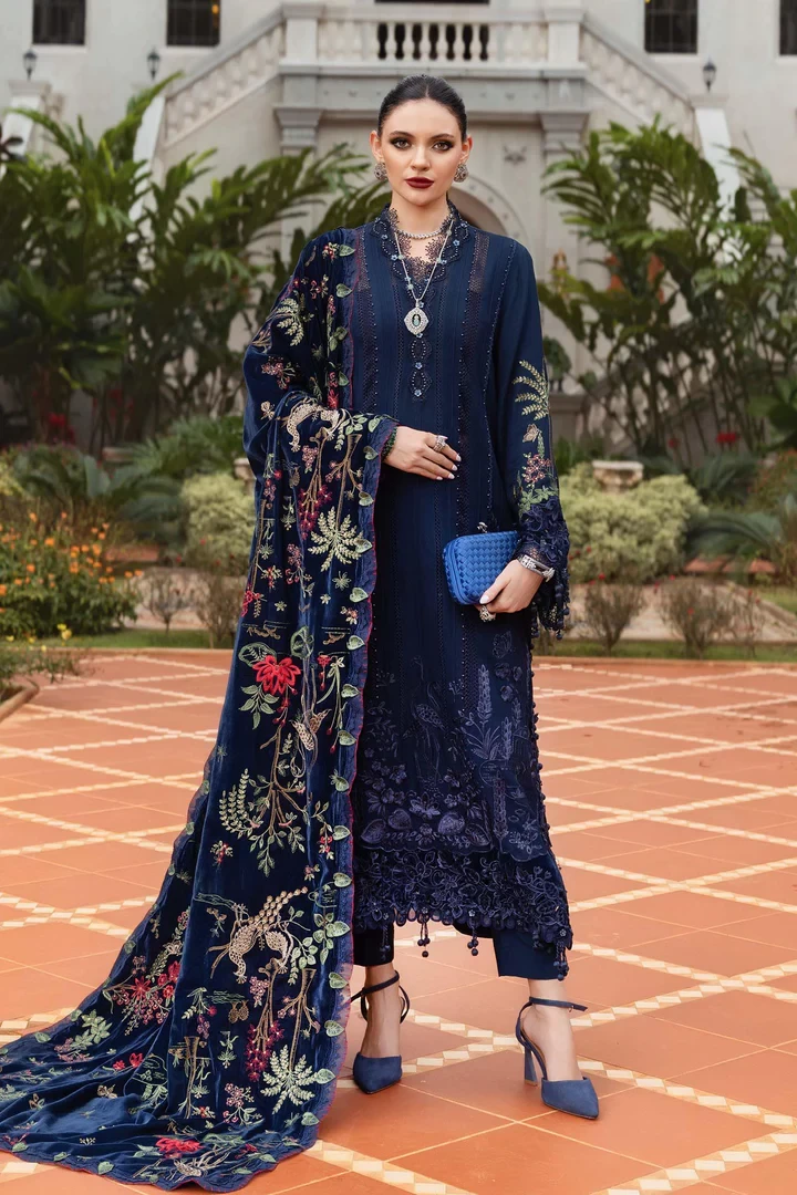 3 Piece Embroidered Twill Linen Suit - WL-1312-Navy Blue