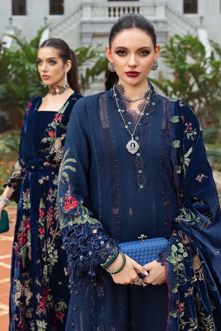 3 Piece Embroidered Twill Linen Suit - WL-1312-Navy Blue