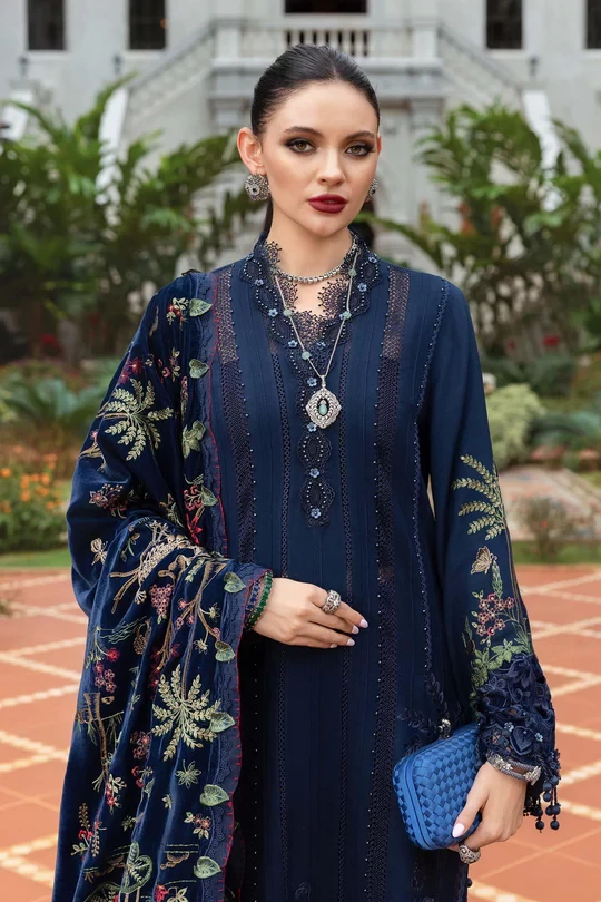 3 Piece Embroidered Twill Linen Suit - WL-1312-Navy Blue