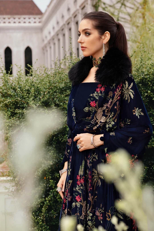 3 Piece Embroidered Twill Linen Suit - WL-1312-Navy Blue