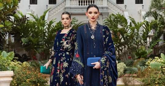 3 Piece Embroidered Twill Linen Suit - WL-1312-Navy Blue