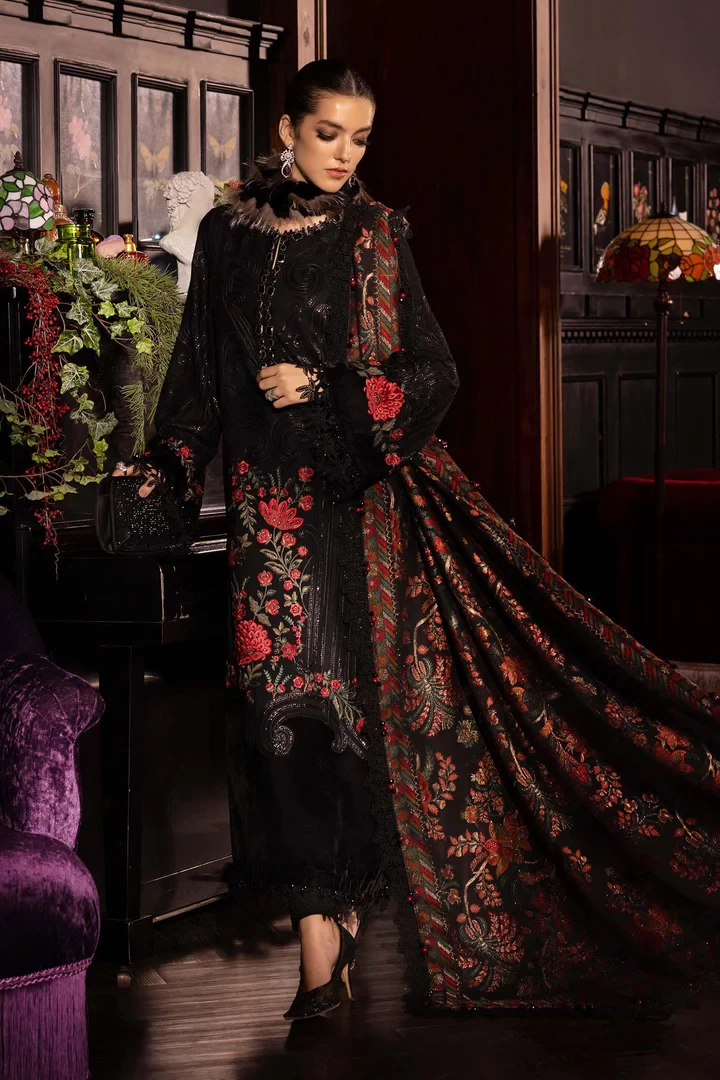 3 Piece Embroidered Linen Suit - WL-1309-Black and Red