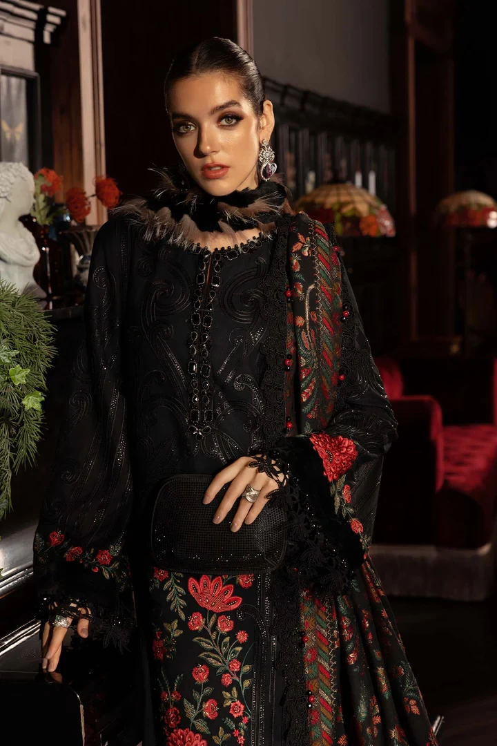 3 Piece Embroidered Linen Suit - WL-1309-Black and Red
