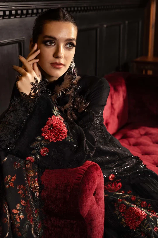 3 Piece Embroidered Linen Suit - WL-1309-Black and Red