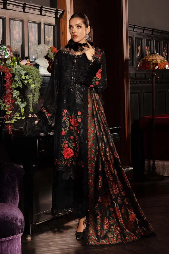 3 Piece Embroidered Linen Suit - WL-1309-Black and Red