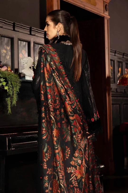 3 Piece Embroidered Linen Suit - WL-1309-Black and Red