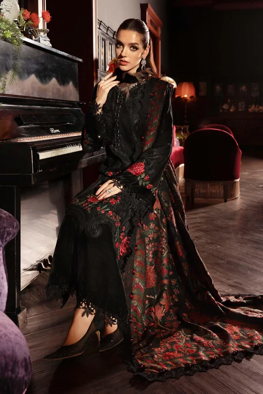 3 Piece Embroidered Linen Suit - WL-1309-Black and Red