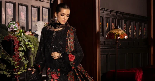 3 Piece Embroidered Linen Suit - WL-1309-Black and Red