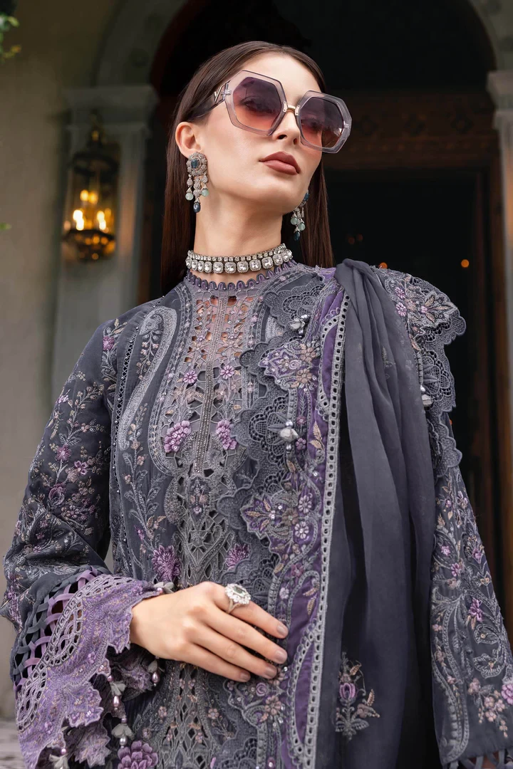 3 Piece Embroidered Velvet Suit - WL-1305-Grey