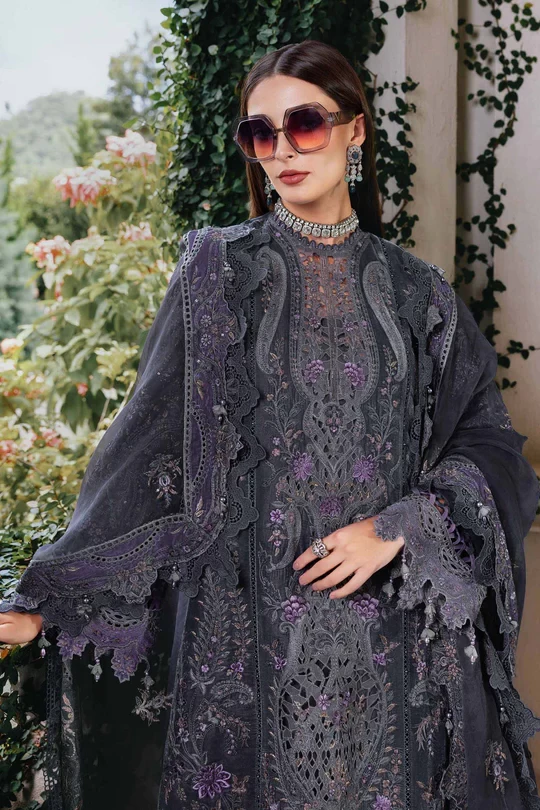 3 Piece Embroidered Velvet Suit - WL-1305-Grey