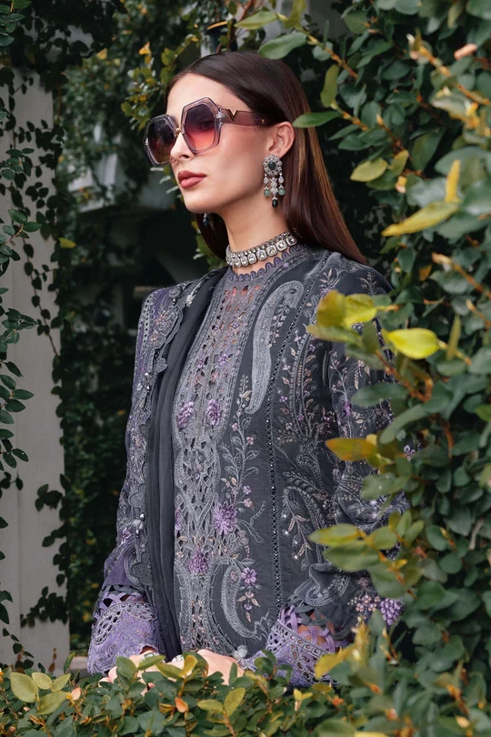 3 Piece Embroidered Velvet Suit - WL-1305-Grey