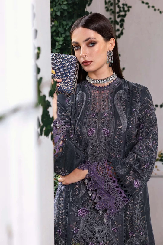 3 Piece Embroidered Velvet Suit - WL-1305-Grey