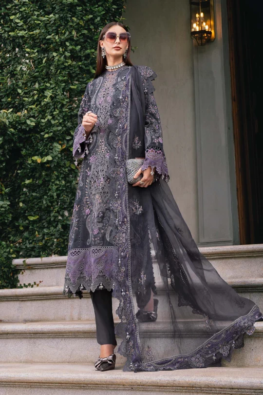3 Piece Embroidered Velvet Suit - WL-1305-Grey