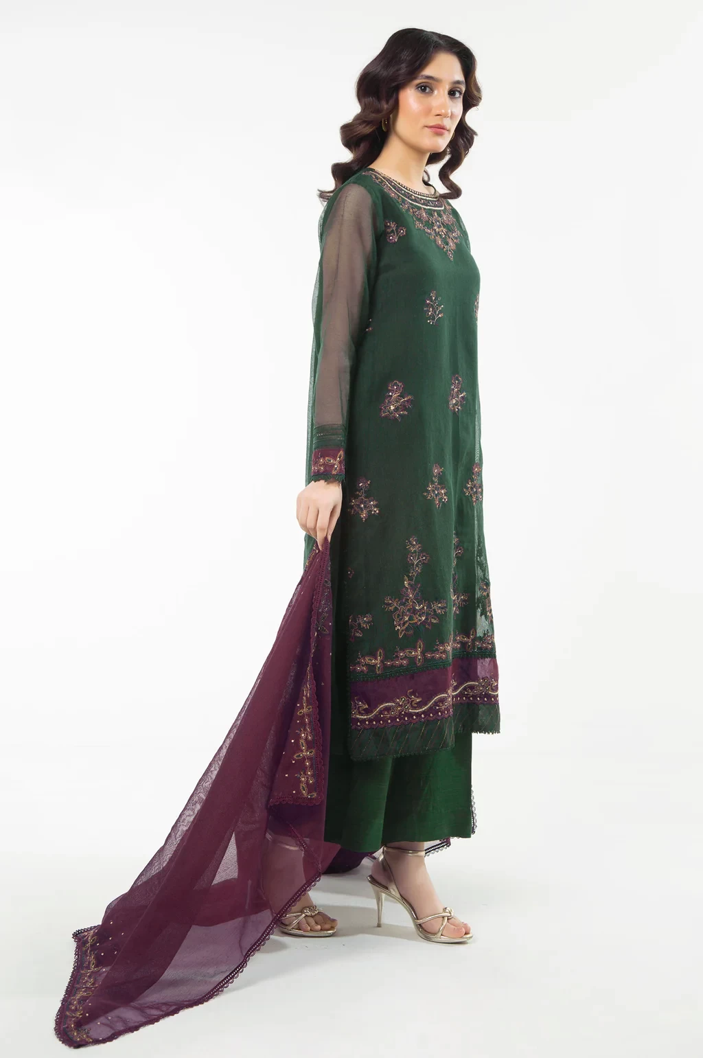 EMBROIDERED KHADDI NET 3 PIECE SUIT - WUM35220