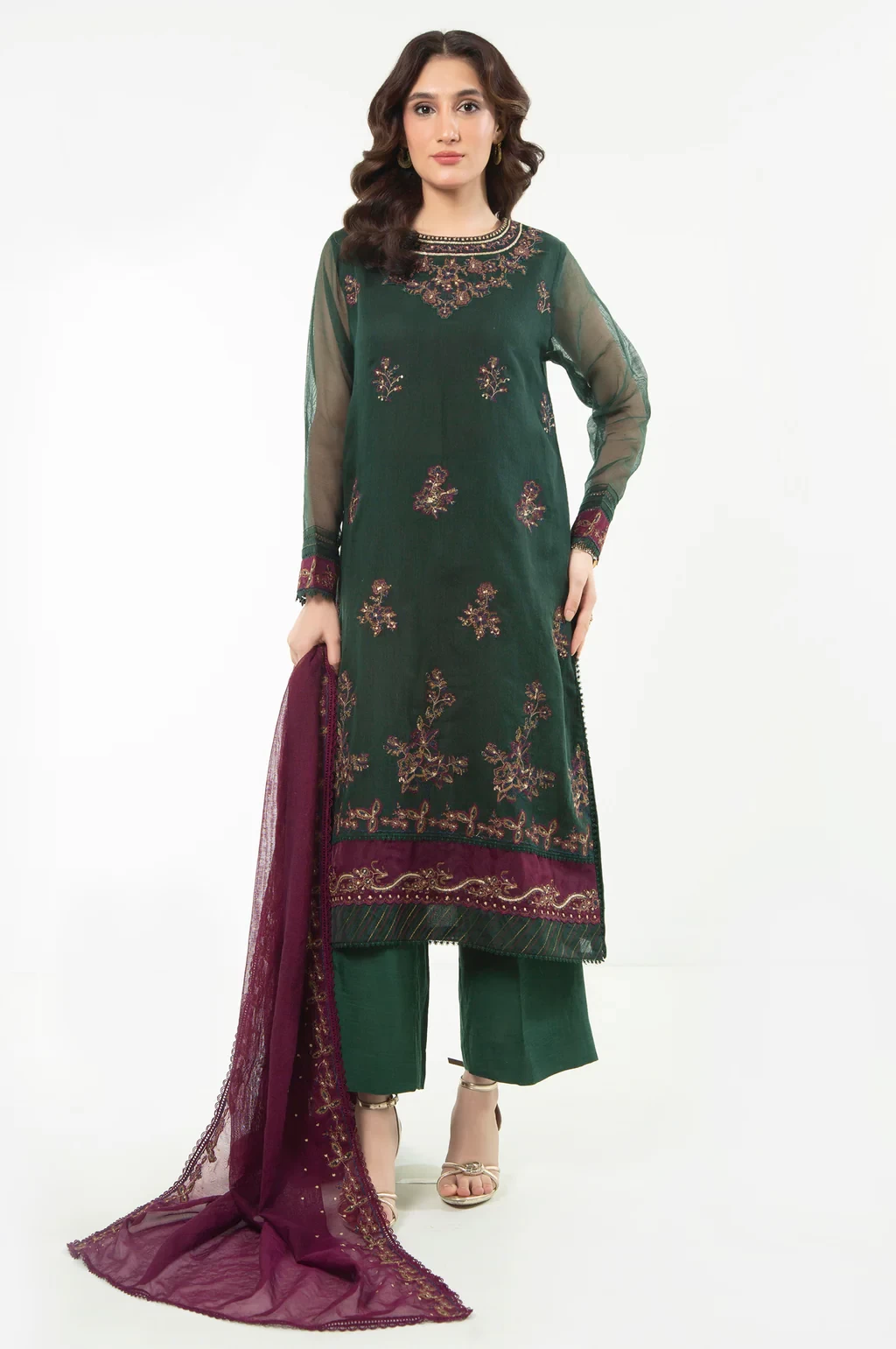EMBROIDERED KHADDI NET 3 PIECE SUIT - WUM35220