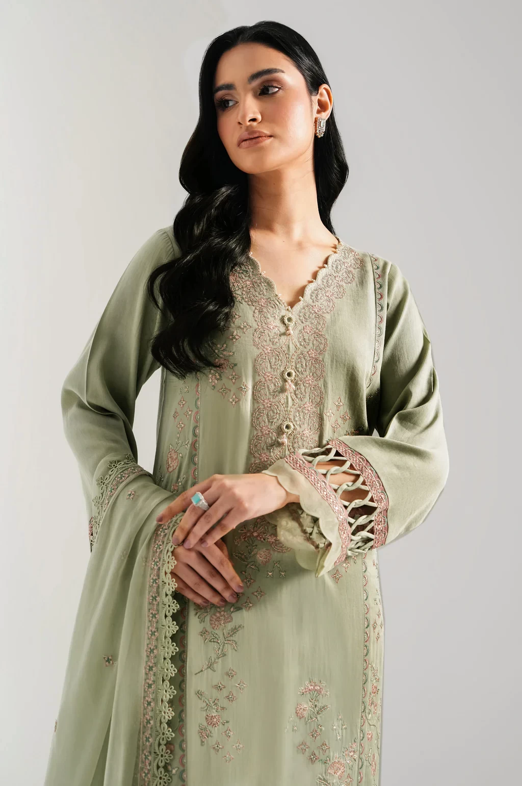 EMBROIDERED COTTON SATIN 3 PIECE SUIT - WUM35245