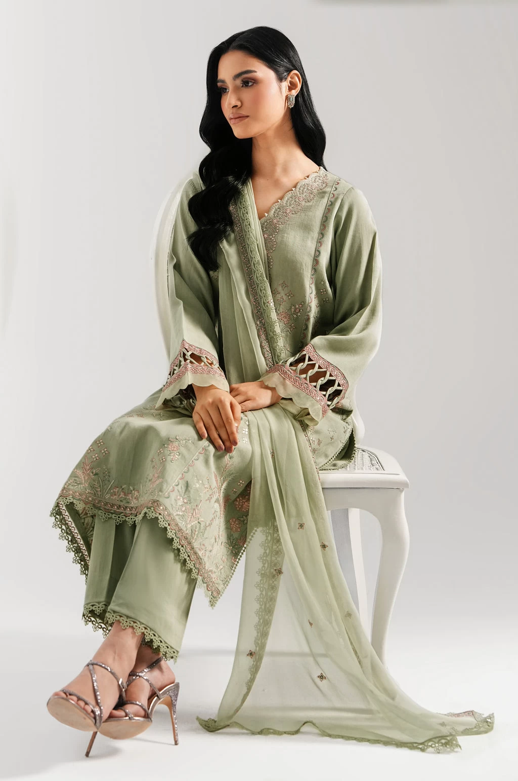 EMBROIDERED COTTON SATIN 3 PIECE SUIT - WUM35245