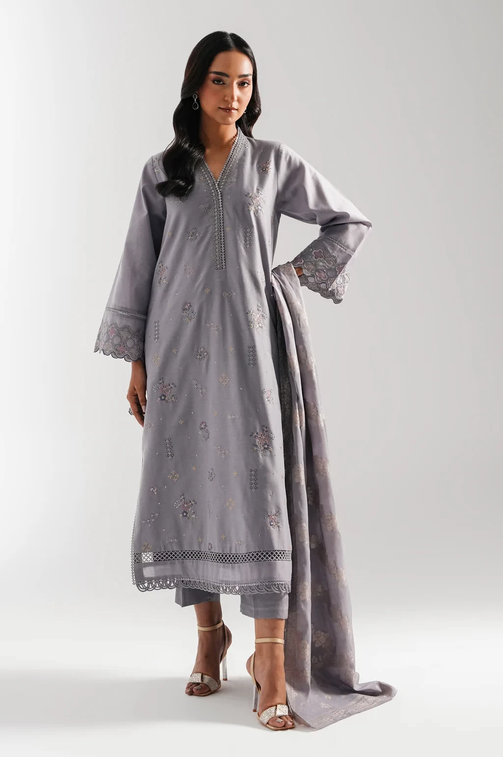 EMBROIDERED COTTON NET 3 PIECE SUIT - WUM35246