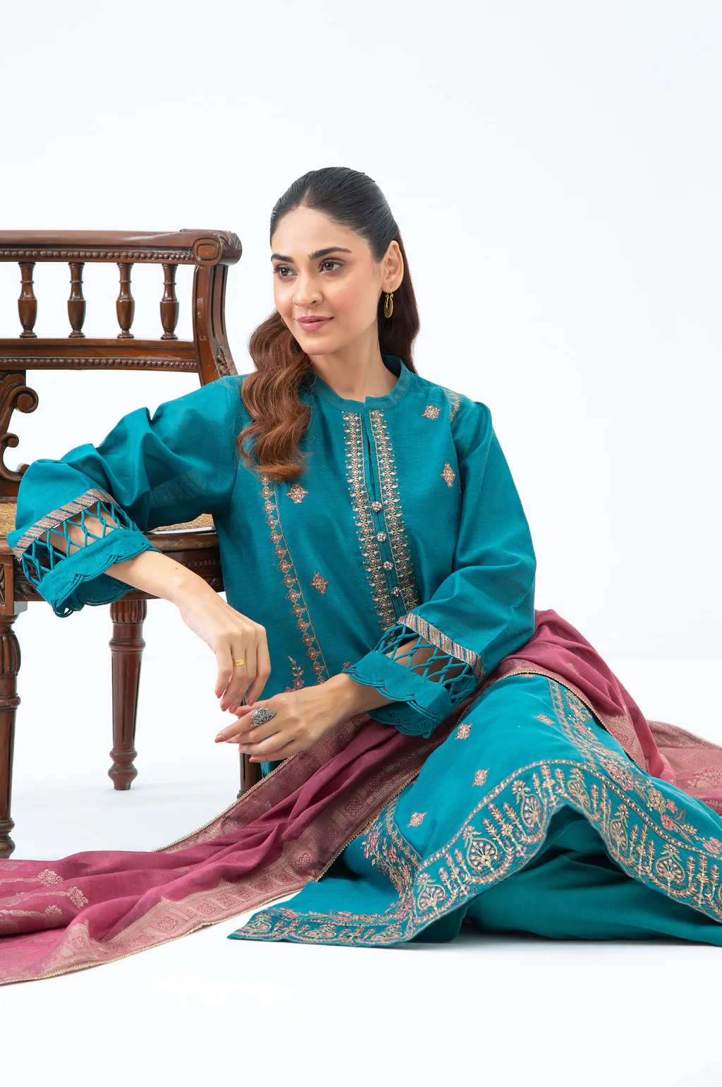 EMBROIDERED COTTON NET 3 PIECE SUIT - WUM35219