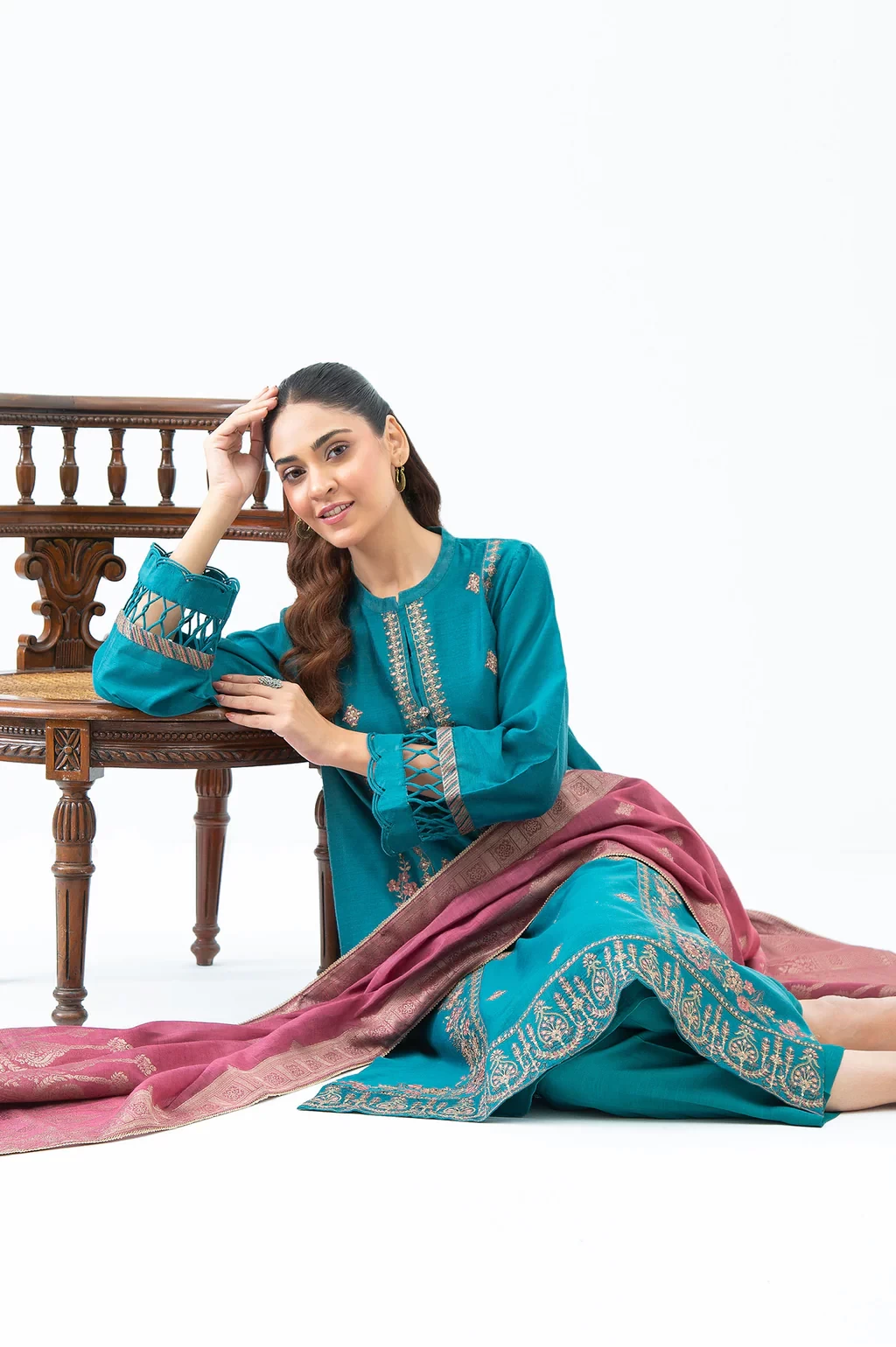EMBROIDERED COTTON NET 3 PIECE SUIT - WUM35219