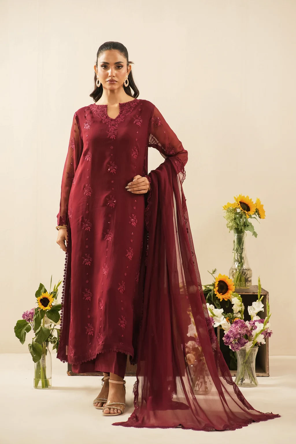 EMBROIDERED CHIFFON 3 PIECE SUIT - WUM36110