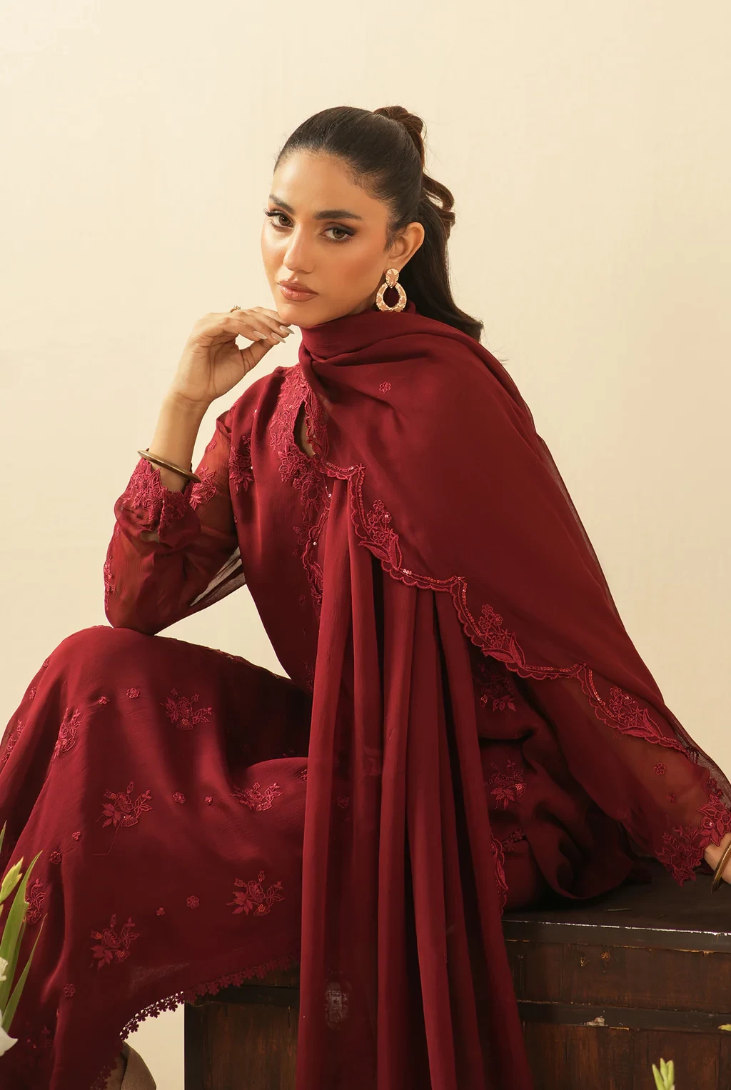 EMBROIDERED CHIFFON 3 PIECE SUIT - WUM36110