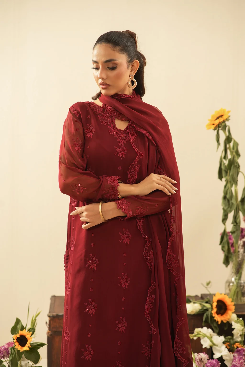 EMBROIDERED CHIFFON 3 PIECE SUIT - WUM36110