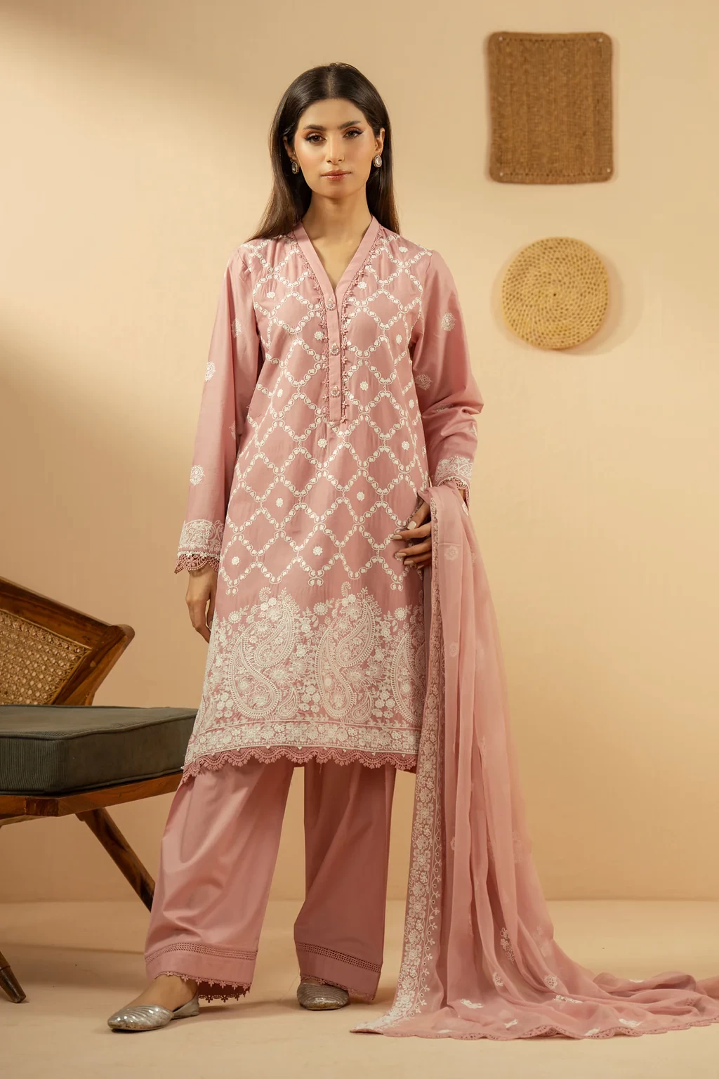 EMBROIDERED CHIKANKARI 3 PIECE SUIT - SKU: WFM36246