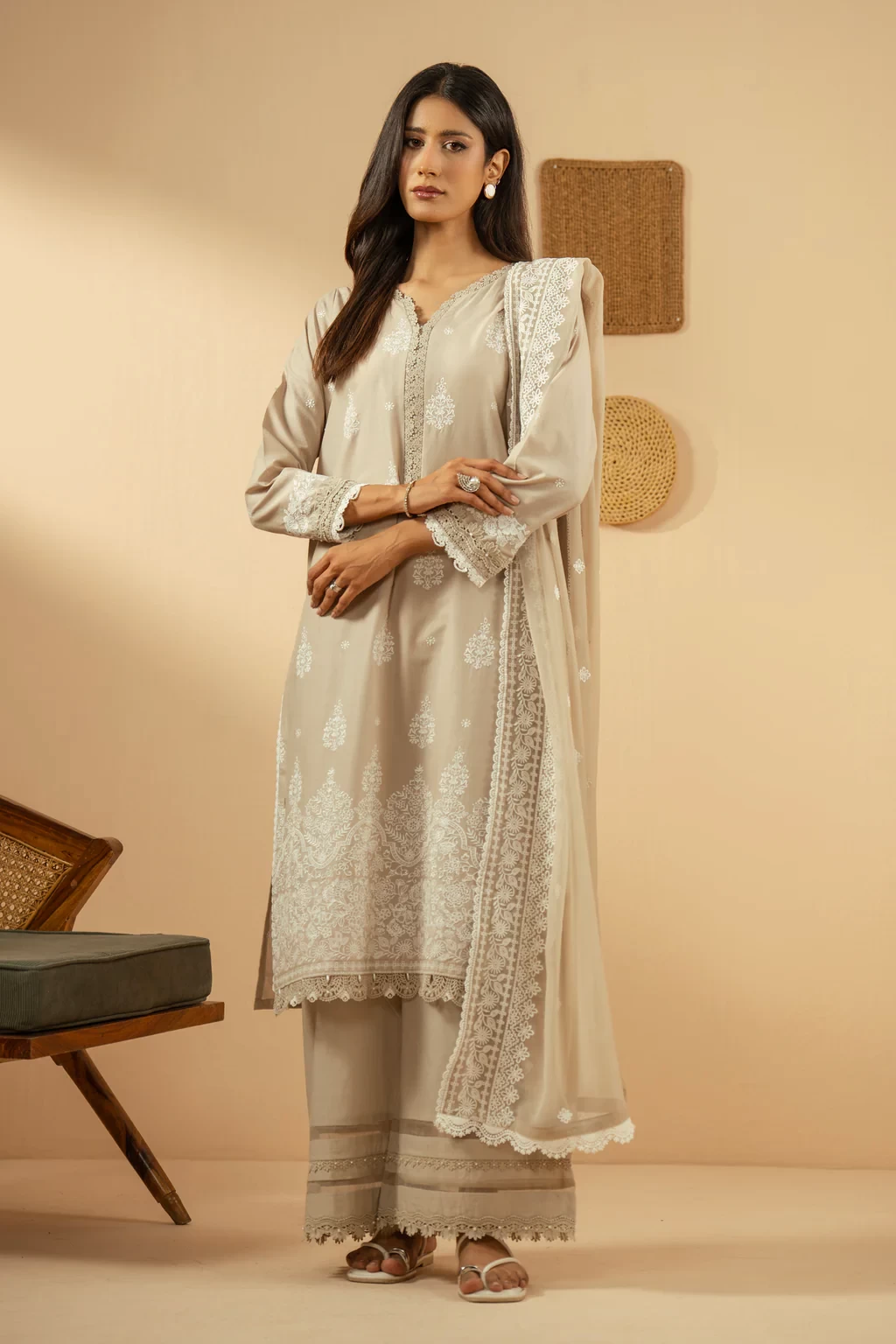 EMBROIDERED CHIKANKARI 3 PIECE SUIT - WFM36247