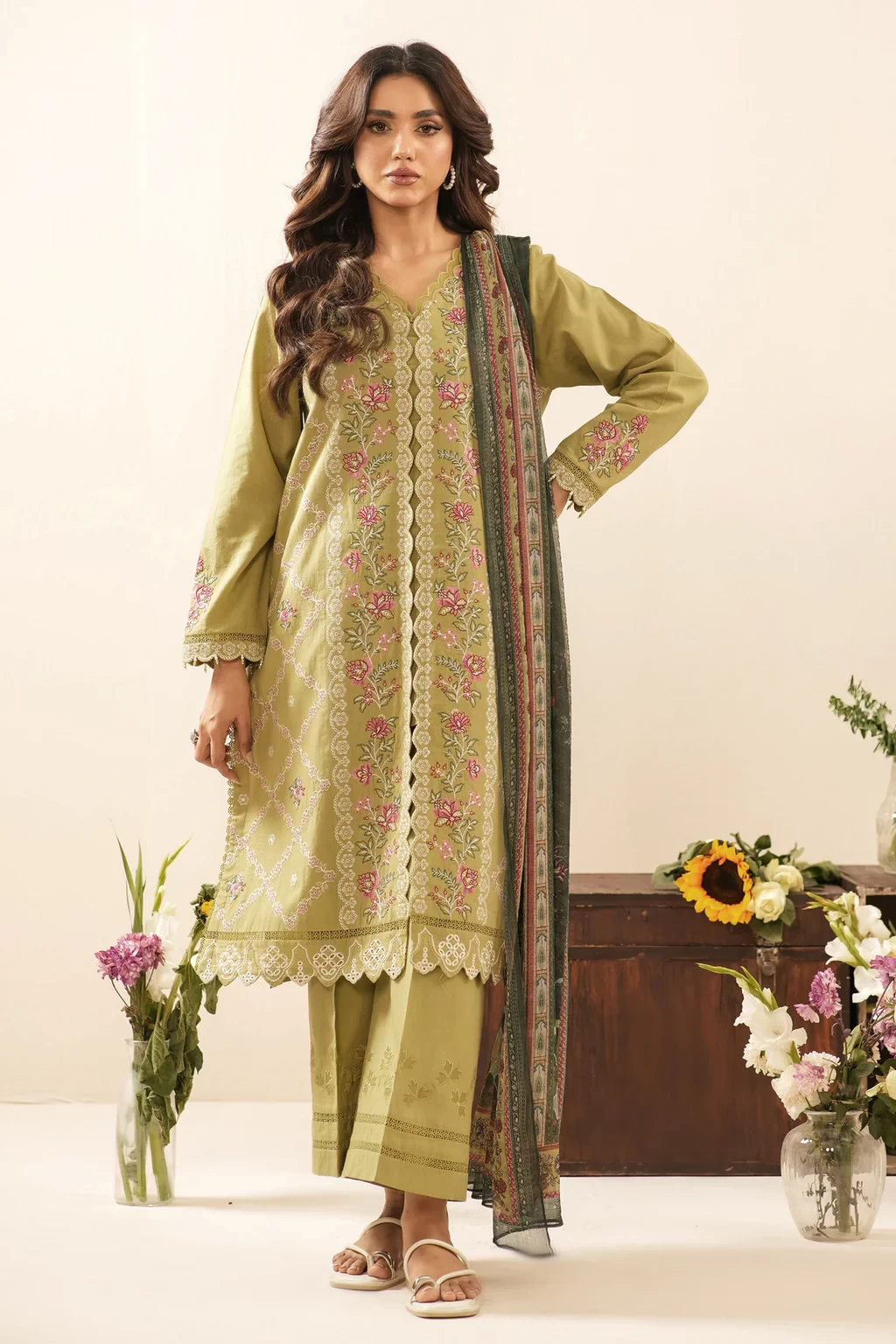 EMBROIDERED CAMBRIC 3 PIECE SUIT - WFM36249