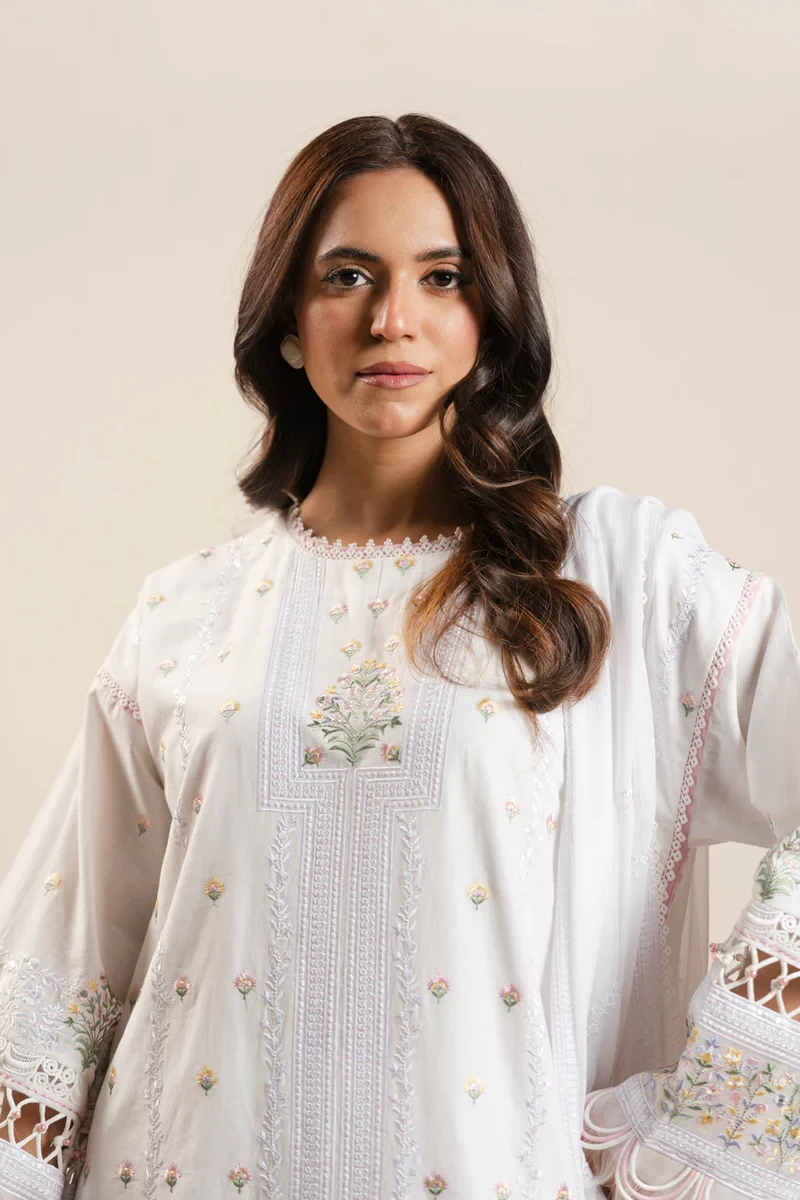 RTS | SHIRT, TROUSER & DUPATTA CAMBRIC | EMBROIDERED - SKU: CAW-03-26-White