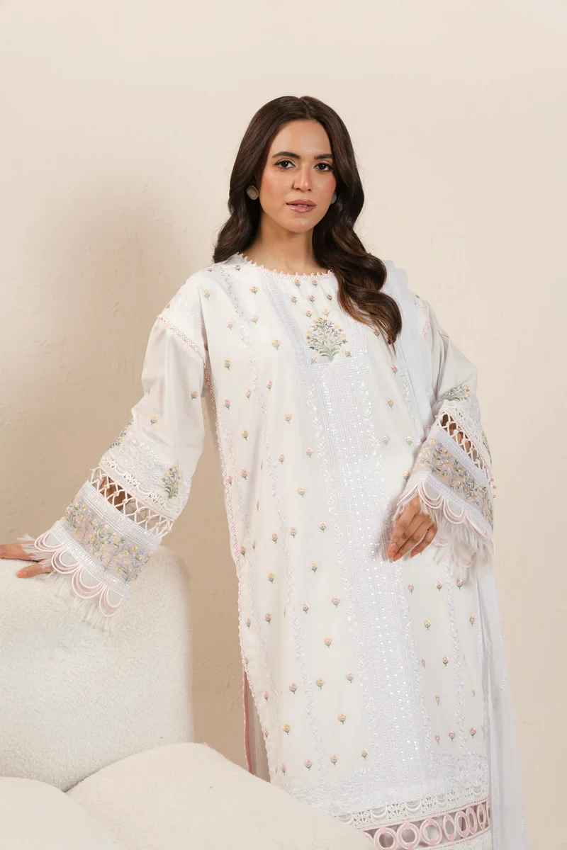 RTS | SHIRT, TROUSER & DUPATTA CAMBRIC | EMBROIDERED - SKU: CAW-03-26-White