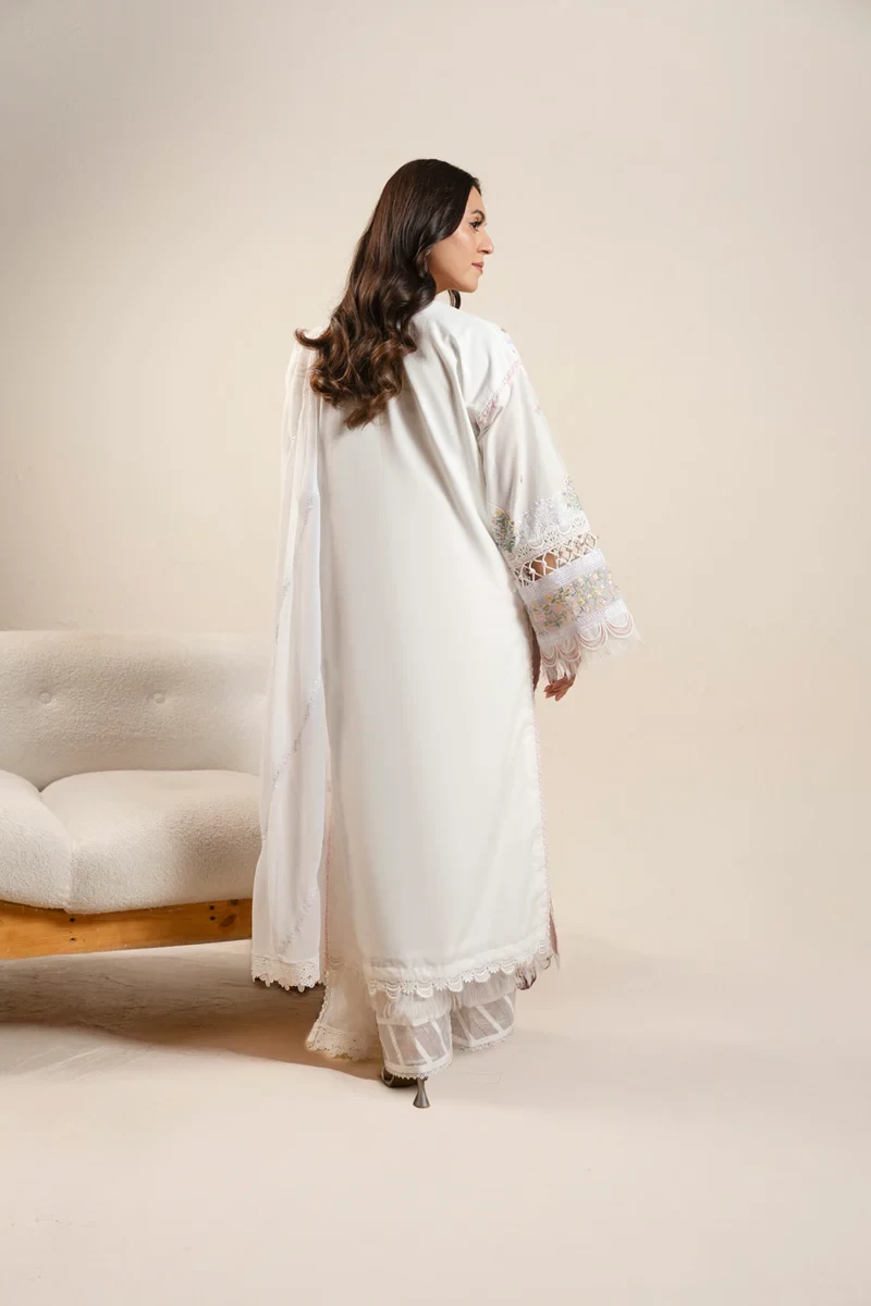 RTS | SHIRT, TROUSER & DUPATTA CAMBRIC | EMBROIDERED - SKU: CAW-03-26-White