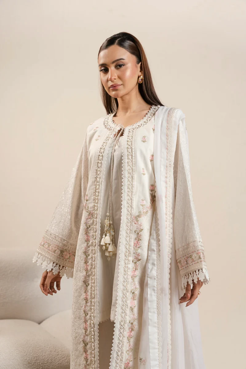 RTS | SHIRT, TROUSER & DUPATTA CAMBRIC | EMBROIDERED - SKU: CAW-08-26-Off White