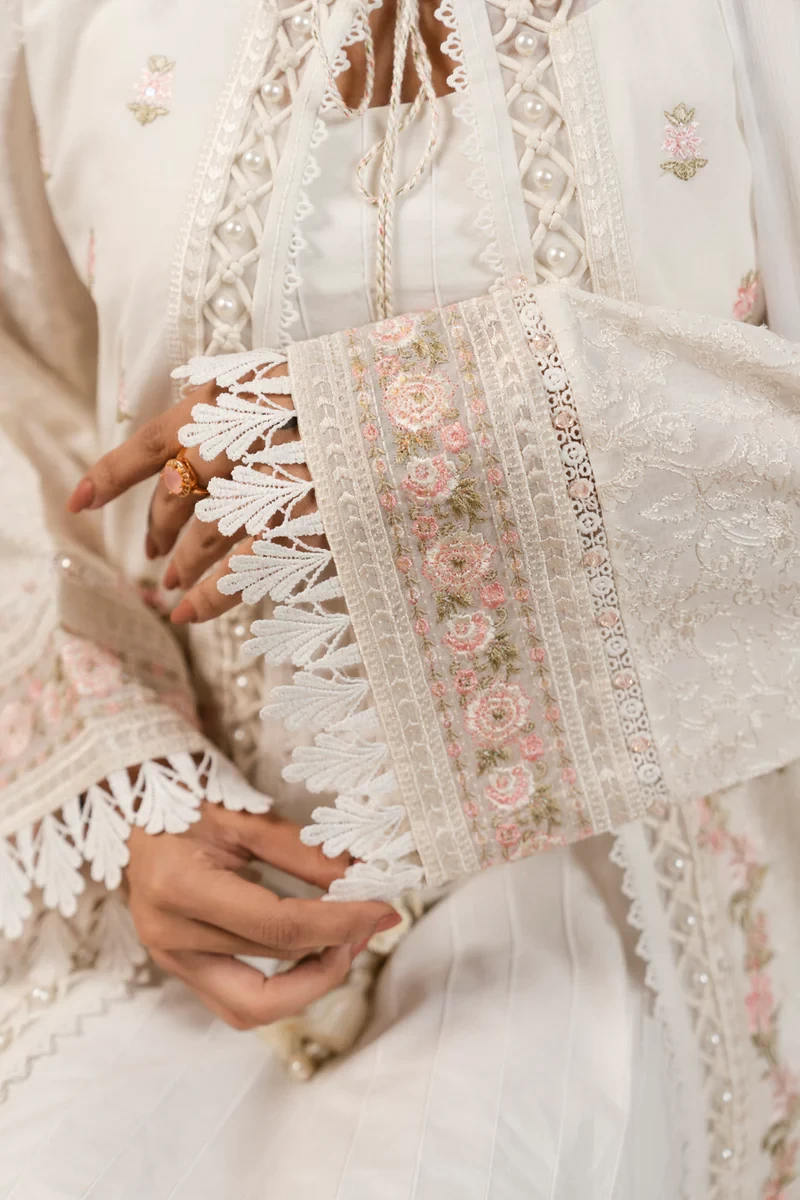 RTS | SHIRT, TROUSER & DUPATTA CAMBRIC | EMBROIDERED - SKU: CAW-08-26-Off White