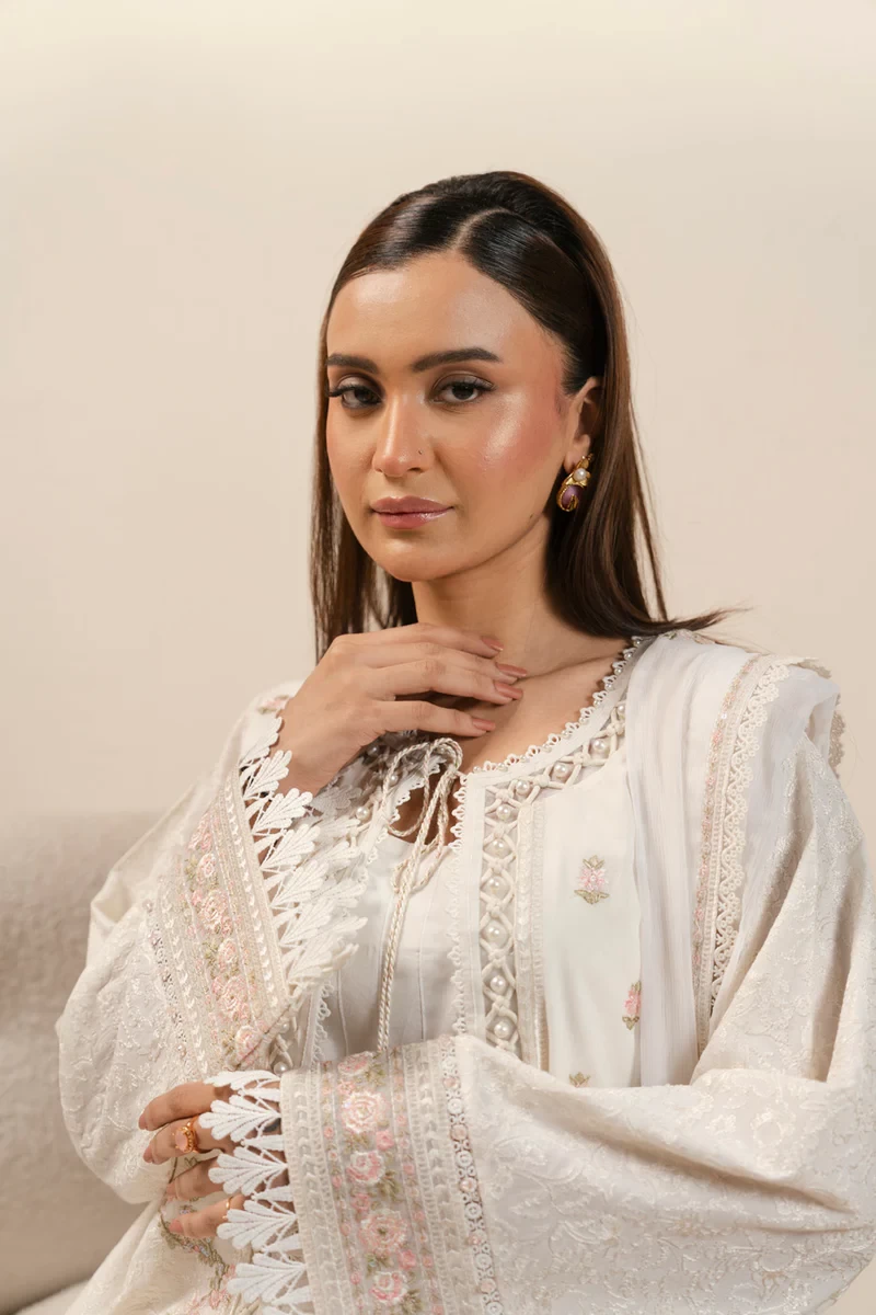 RTS | SHIRT, TROUSER & DUPATTA CAMBRIC | EMBROIDERED - SKU: CAW-08-26-Off White