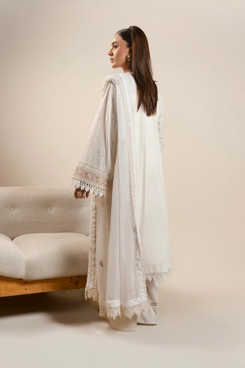 RTS | SHIRT, TROUSER & DUPATTA CAMBRIC | EMBROIDERED - SKU: CAW-08-26-Off White
